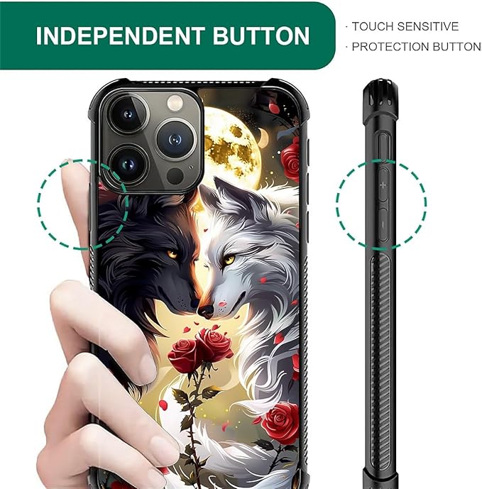 for iPhone 16 Pro Max Case, Black White Wolf Moon Flower Rose Pattern Graphic Design Girl Boy Soft Silicone Hard Acrylic Shock Protection for iPhone 16 Pro Max