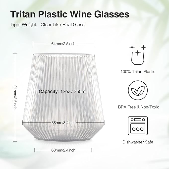 hotder Stemless Wine Glasses Set of 4, 12 oz Tritan Unbreakable, Vertical Design, Dishwasher-Safe, Red Wine Glasses for Home, Party and Outdoors