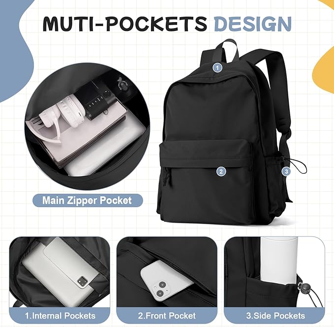 PAUBACK Black School Backpack for Girls Women Waterproof High School Book Bag Cute Backpack for Men Teens Boys, Lightweight Simple Middle School Back Pack Daypack