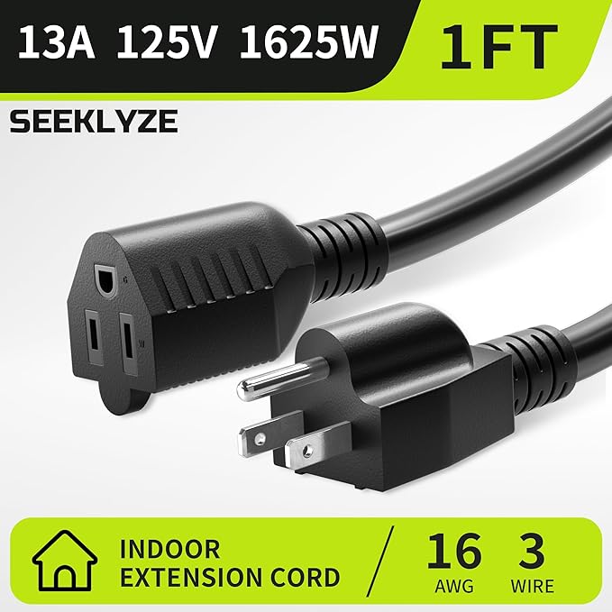 Short Extension Cord 1FT 5 Pack,16 AWG Black Power Cord Indoor for Laptops,Coffee Makers,Office Home Appliances,3 Prong Small Extension Cable Outlet Saver,13A 125V 1625W,ETL Listed.