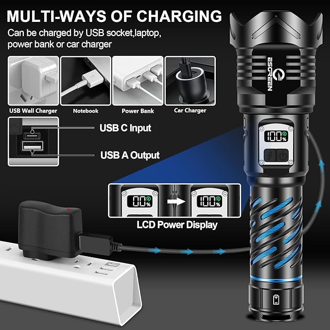 Super Bright Flashlight High Lumens 100000 Rechargeable, Strong 50W LED, Big 8.54” Length, Adjustable 5-Mode, Dual Buttons, Long Lasting 15H, Quick USB C Charge, LCD Display & Output, for Hiking Home