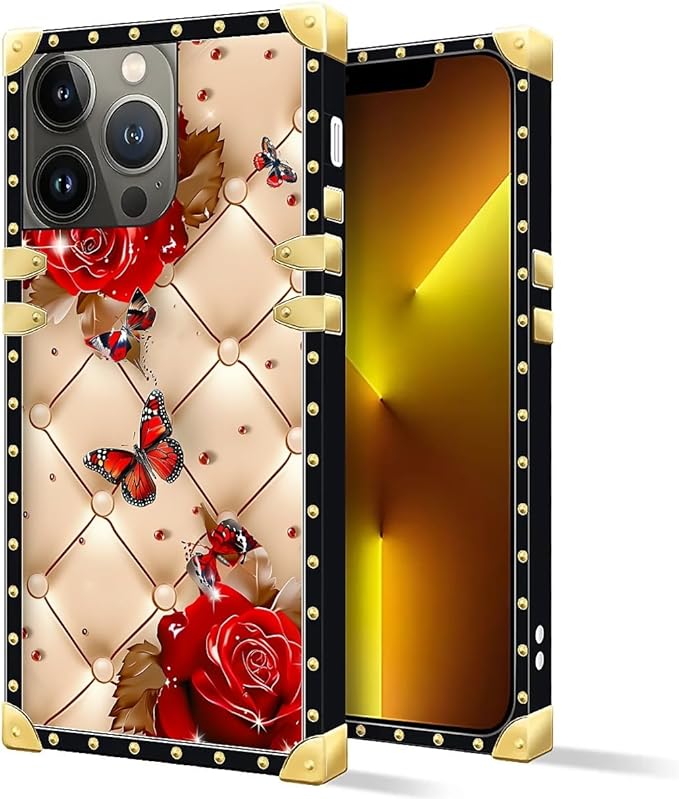 Compatible with iPhone 13 Pro Case, Shining Red Rose Butterfly Leather Background Luxury Golden Decoration for Girl Women Soft TPU Shockproof Protective Hard PC Back for iPhone 13 Pro