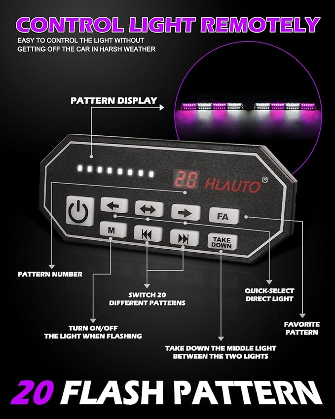 HLauto 604N Emergency Dash Strobe Lights: 2x16.8 inch Purple White Security Light w/Take Down, 48 LED Safety Flashing Warning Hazard Interior Windshield Light Bar for Truck Vehicle