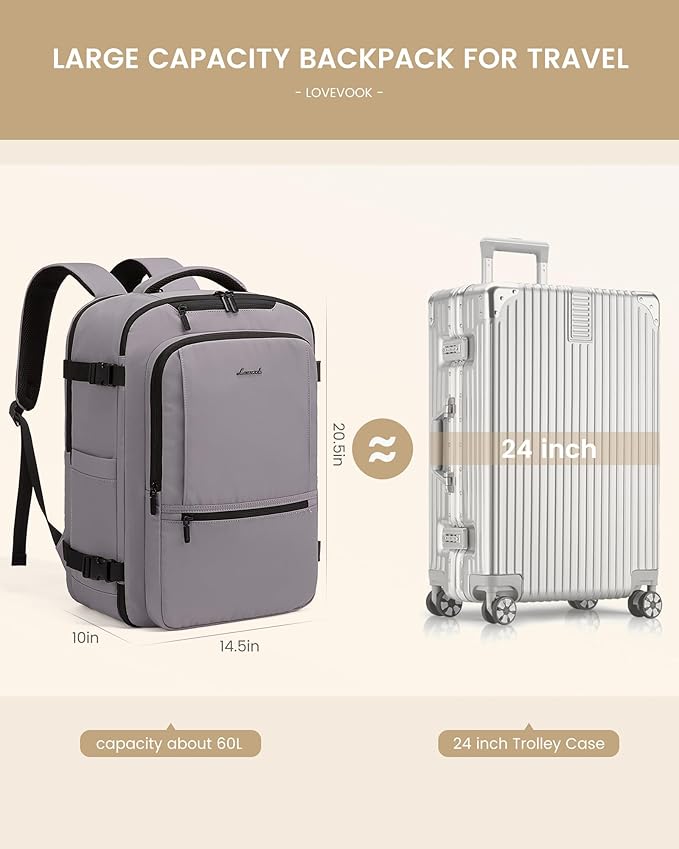 LOVEVOOK Travel Backpack for Women & Men, 60L Large Carry On Backpack Airline Approved, TSA Personal Item Weekender Bag, Laptop Backpacks with 3 Packing Cubes for Travel Essentials, Waist Belt