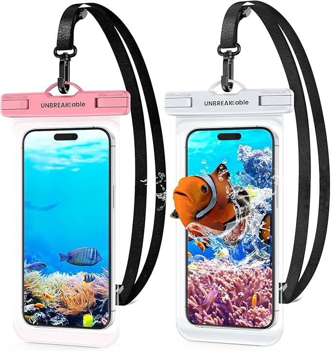 UNBREAKcable Waterproof Phone Pouch-2 Pack IPX8 Waterproof Phone Case for iPhone 16 15 14 13 12 11 Pro Max & Samsung S25 S24-Dry Bag & Travel Essentials for Beach, Pool, Kayak & Cruise-7" Pink+White