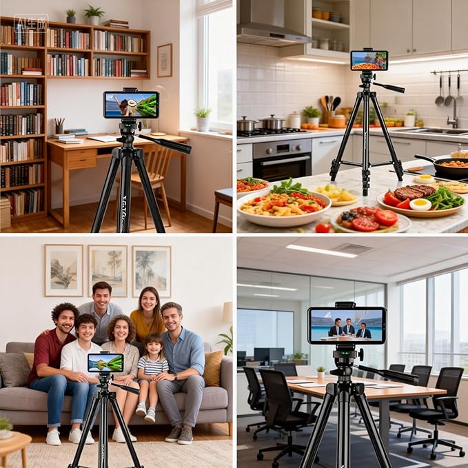 65" Aluminum Phone & Camera Tripod with Gooseneck Stand, Extendable Cell Phone Tripod Stand Compatible with iPhone/Android/Action Camera is Perfect for Live Streaming/Video Recording/Selfies