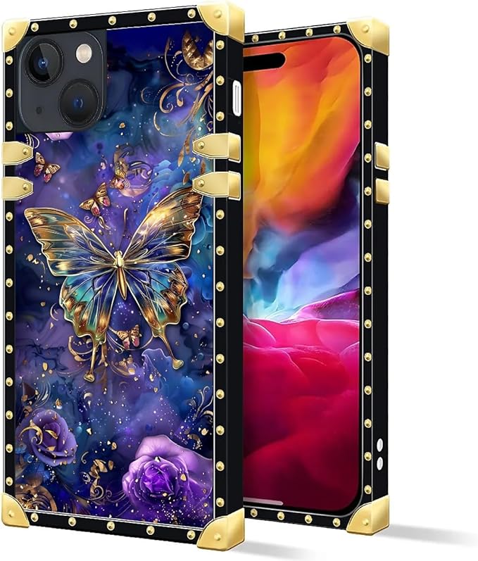 Compatible with iPhone 15 Case, Glistening Golden Butterfly Vibrant Purple Blue Luxury Golden Decoration for Girl Women Soft TPU Shockproof Protective Hard PC Back for iPhone 15