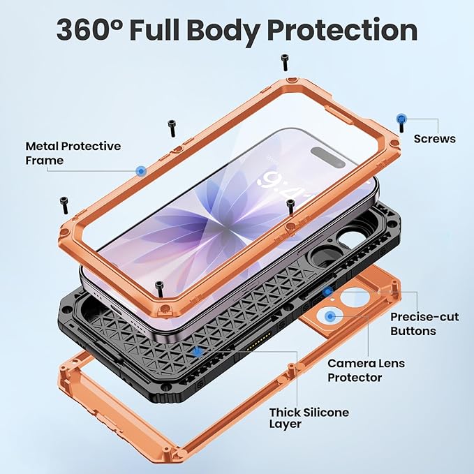 Mitywah Waterproof Case for iPhone 17, Rugged Metal Case with Built-in Screen Protector, Heavy Duty Full Body Shockproof Protective Cover 6.3 inch, Orange