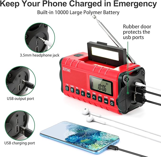 Emergency Weather Radio 10000mAh, Portable Radio with Solar Charging, Hand Crank & Battery Operated NOAA Alert, LCD Display, SOS Alarm, AM/FM & LED Flashlight, Clock Radio for Outdoor Emergency