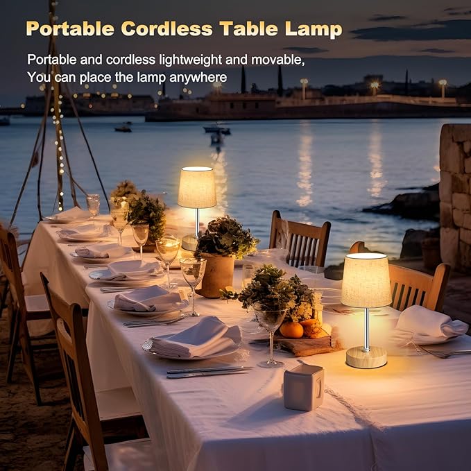 Wowag Small Cordless Table Lamp,5000mAh Rechargeable Battery Operated Desk Lamp,3 Colors & 7 RGB Stepless Dimmable, Portable Touch Bedside Night Light for Patio Restaurant Home,Wood Base,Flaxen Shade