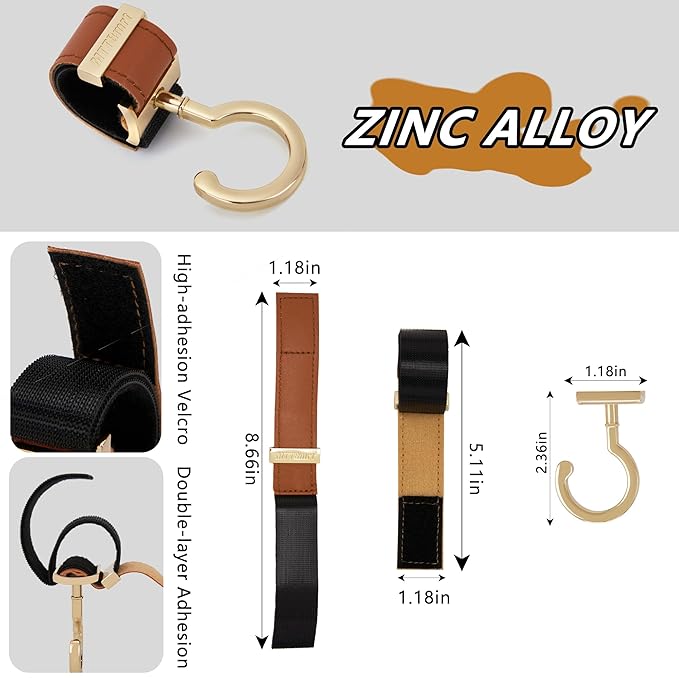 2 Pack Stroller Hooks,Strong Synthetic Leather Hook-and-Loop Fastener&High-Quality Metal Hooks,Universal Bag Clip|360° Rotation, 66lb Capacity,Non-Slip-Fits Wheelchair(Brown-Silver Gray)
