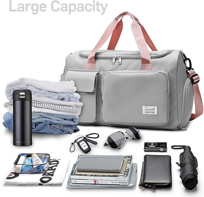 Suruid Travel Duffel Bag with Shoes Compartment Sports Gym Bag with Dry Wet Separated Pocket for Men and Women, Overnight Bag Weekender Bag Training Handbag Yoga Bag - Gray Pink