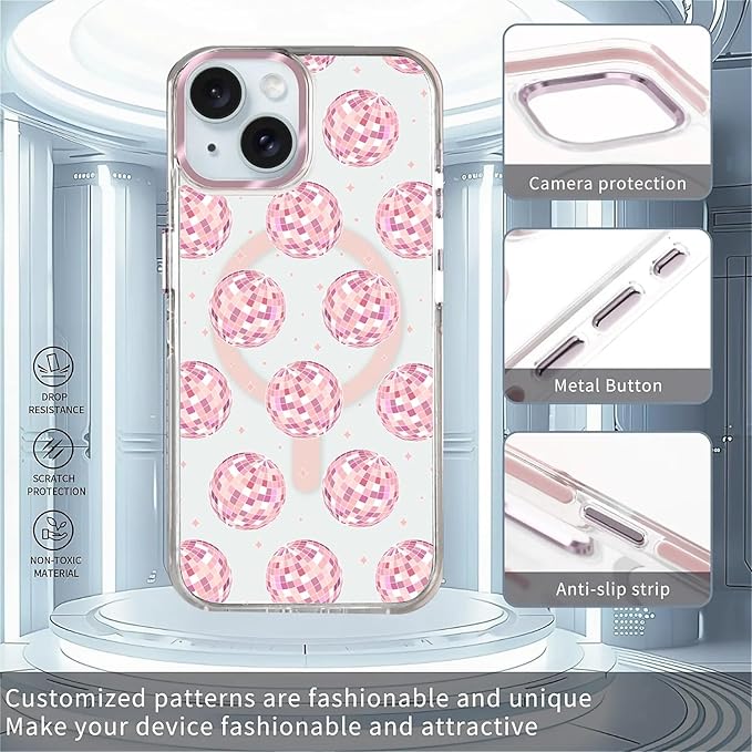 Case for iPhone 15,[Compatible with MagSafe],Disco Balls Pink Phone Case Design，for Women Girls Magnetic Clear Cover - Slim, Sleek, & Shockproof Protection