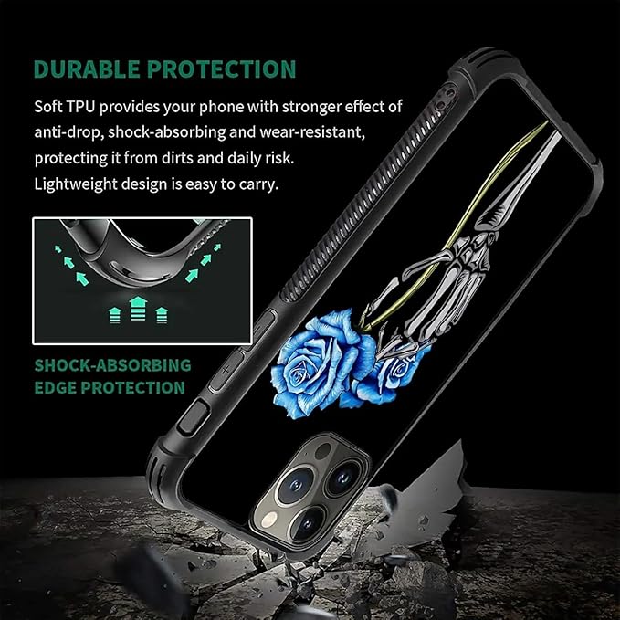 for iPhone 16 Pro Max Case, Skeleton Holding Blue Rose Pattern Graphic Design Girl Boy Soft Silicone Hard Acrylic Shock Protection for iPhone 16 Pro Max