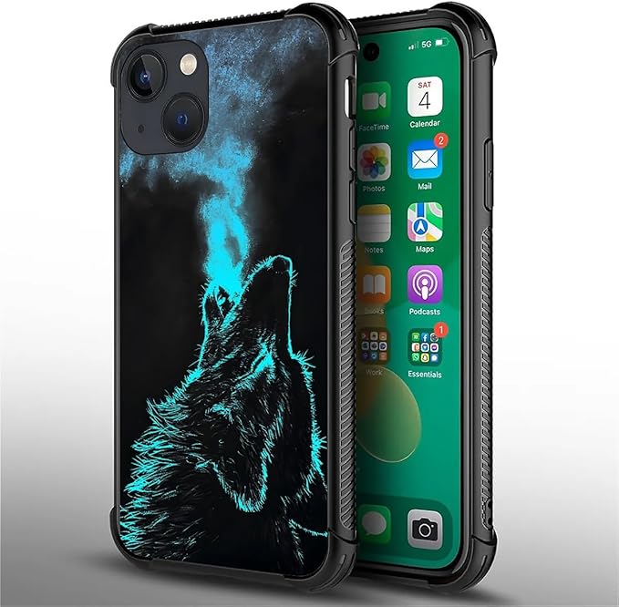 for iPhone 14 Plus Case, Blue Breathing Wolf Pattern Graphic Design Girl Boy Soft Silicone Hard Acrylic Shock Protection for iPhone 14 Plus