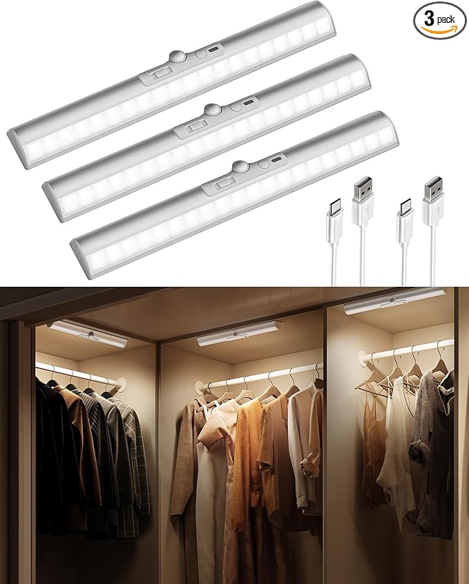 EZVALO 13-inch Motion Sensor Closet Light with Eye-Protection Design, 1800mAh Rechargeable Under Cabinet Lighting, 3 Color Temps Night Light for Pantry, Closet - 3 Pack