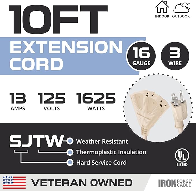 Iron Forge Cable Weatherproof 10 Ft Outdoor Extension Cord - 3 Outlet 16/3 SJTW Heavy Duty Light Brown Extension Cord 3 Prong - 13 Amp Power Cable
