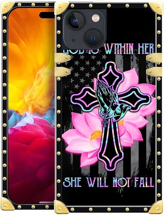 Compatible with iPhone 15 Case, Praying Cross Hands Luxury Golden Decoration for Girl Women Soft TPU Shockproof Protective Hard PC Back for iPhone 15