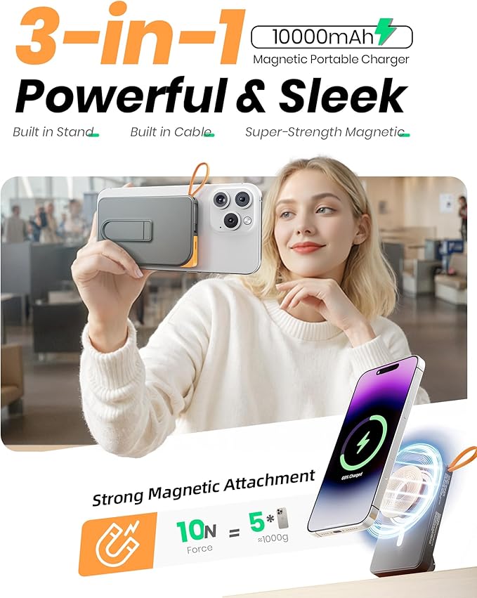 Magnetic Power Bank, for Magsafe Battery Pack with Stand, 10000mAh Wireless Portable Charger Fast Charging with Built in Cable(USB C), Powerbank for iPhone17/16/15/14/13/12 Travel & Daily, Blue