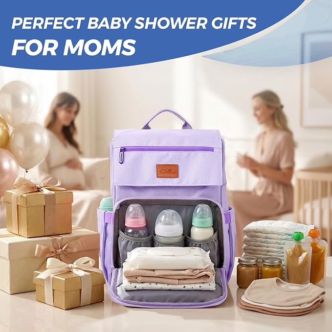 Baby Shower Gifts for Mom - Diaper Bag Backpack - 16 Organizer Pockets Baby Diaper Bag w/ Insulated Bottle Holders & Wipes Pocket, Large Capacity Baby Bag Backpack - Waterproof & Easy to Clean, Purple