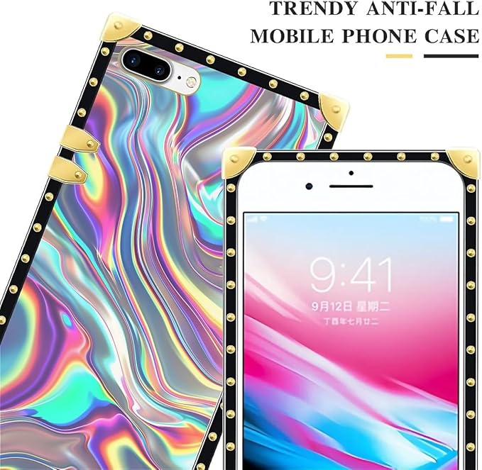 Compatible with iPhone 8 7 SE Case, Holographic Abstract Iridescent Textures Luxury Golden Decoration for Girl Women Soft TPU Shockproof Protective Hard PC Back for iPhone 8 7 SE