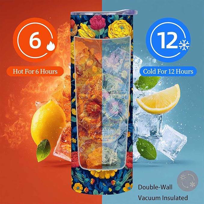 Firmiso 20 oz Tumbler | Insulated Skinny Travel Mug with Leak-proof Lid and Telescopic Straw | Sugar Skull Stainless Steel Hot & Cold Cup | Skull Floral Inspired Gifts for Women and Men