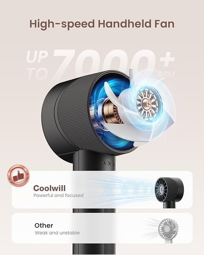 Portable Mini Handheld Turbo Fan, 4 Speed High Velocity Personal Cooling Device [Max 16H], Rechargeable Purse Travel Essential for Vacation/Beach/Trip - Black