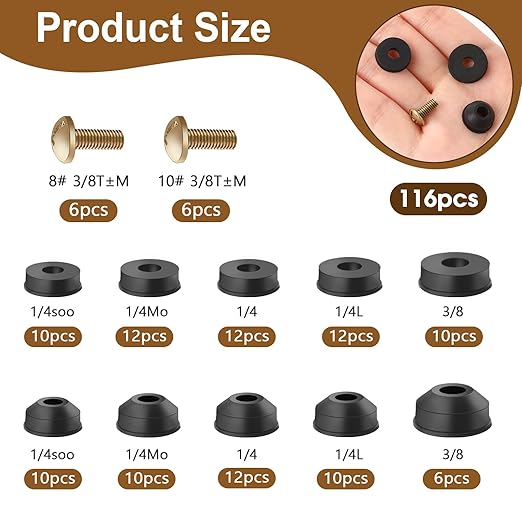 Rubber Washers Repair Kit - 116 Pcs Assorted Flat & Beveled Washers, Brass Bibb Screws for Outdoor Faucet Leak Repair