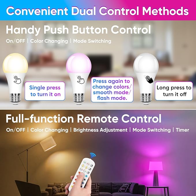 2-Pack A19 Rechargeable Light Bulbs with Remote, 15 Colors Shift + Dimmable Battery Operated Detachable LED Bulbs with 3 Timer, Wireless Emergency Puck Light Bulb for Lamps Wall Sconce, Non-Hardwired