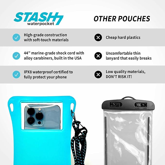 Stash7 Waterproof Phone Pouch w/Long Lanyard | IPX8 Adventure Grade Cellphone Dry Bag Case, Fits iPhone 15 Pro Max,14 Pro Max, 13 Pro Max, XS, XR, Galaxy S21, for Snorkeling, Kayaking, Cruise Black