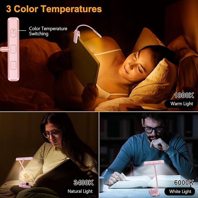 Gritin 19 LED Rechargeable Book Light for Reading in Bed with Memory Function- Eye Caring 3 Color Temperatures,Stepless Dimming Brightness,90 Hrs Runtime Clip on Light for Book Lovers-Pink