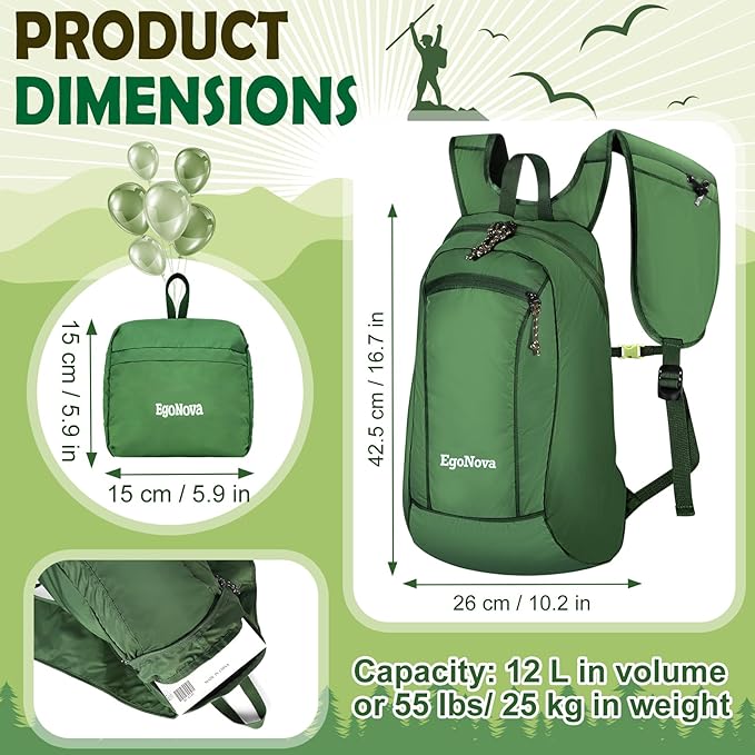 12L Ultralight & Thin Packable Daypack, Small Foldable Hiking Backpack Travel Bag, Water Resistant Day Pack for Men Women