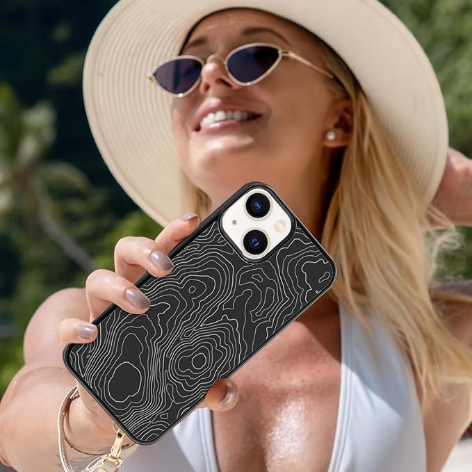 Aesthetic Topographic Map Phone Case Compatible with iPhone XR 11 12 13 14 15 16 Pro Pro Max Case, Black Abstract Line Pattern Design Shockproof TPU Phone Case Cover with Wireless Charging Support