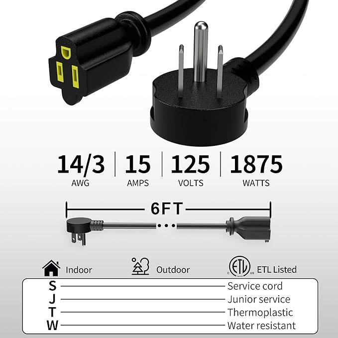 Vockjour 6 FT 3 Pack Black Low Profile Flat Plug 14 Gauge Heavy Duty Extension Cord, 14AWG 3-Wire Grounded Appliance Extension Cord, 15A/125V/1875W SJTW ETL Listed Power Cord