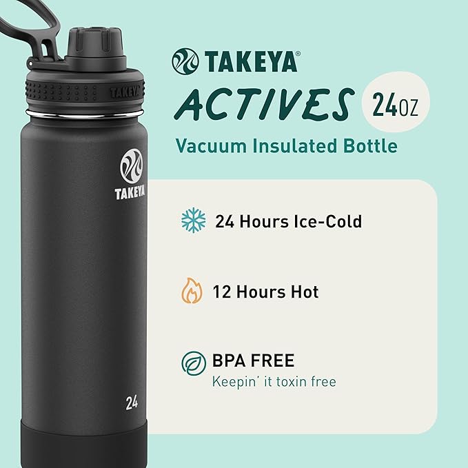 Takeya Actives Stainless Steel Water Bottle, Insulated Spout Lid, Keeps Drinks Cold 24 Hrs, Leakproof, Durable, Dishwasher Safe, Ideal for Gym, Travel, Fits Most Cup Holders, 22 oz/Midnight Blue