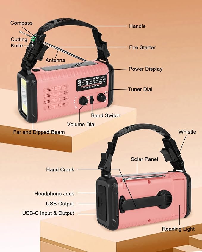 Emergency Crank Radio, 20000mAh / 74000mWh Solar Hand Crank Weather Radio with NOAA/AM/FM, Battery Powered Radio with Cell Phone Charger, Reading Lamp, Flashlight & SOS for Emergencies/Home (Pink)