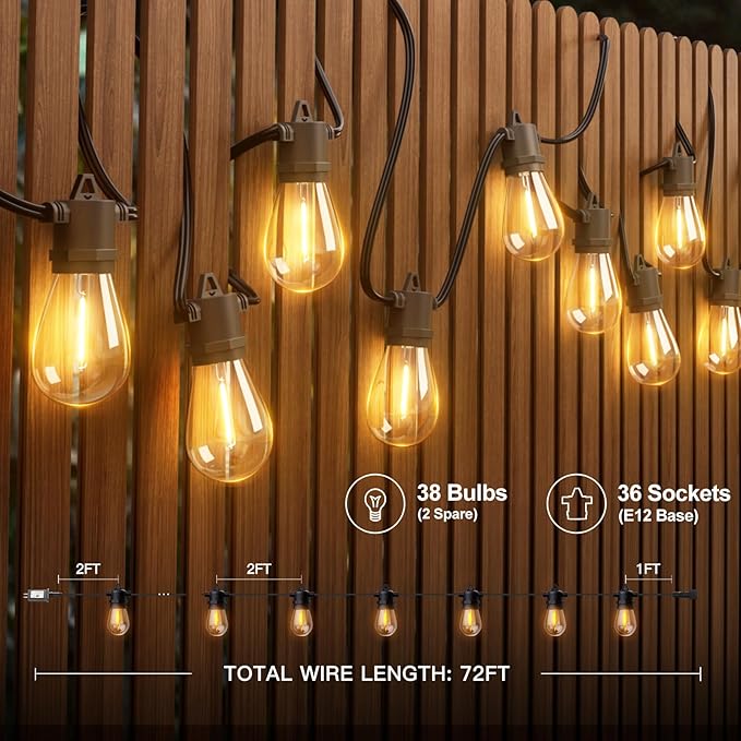 addlon 72FT(2FT Space) LED Outdoor String Lights with 36 Edison Shatterproof Bulbs, Heavy-Duty and Weatherproof Strand, Commercial Grade Patio Lights, Decorative for Patio, Black