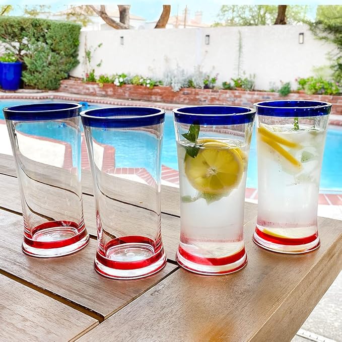Lily's Home Unbreakable Acrylic Highball Tumblers - Set of 4, 18oz Shatterproof Plastic Cups with Cobalt Blue Rims, Reusable for Water, Juice & Cocktails - Ideal for Indoor & Outdoor Use