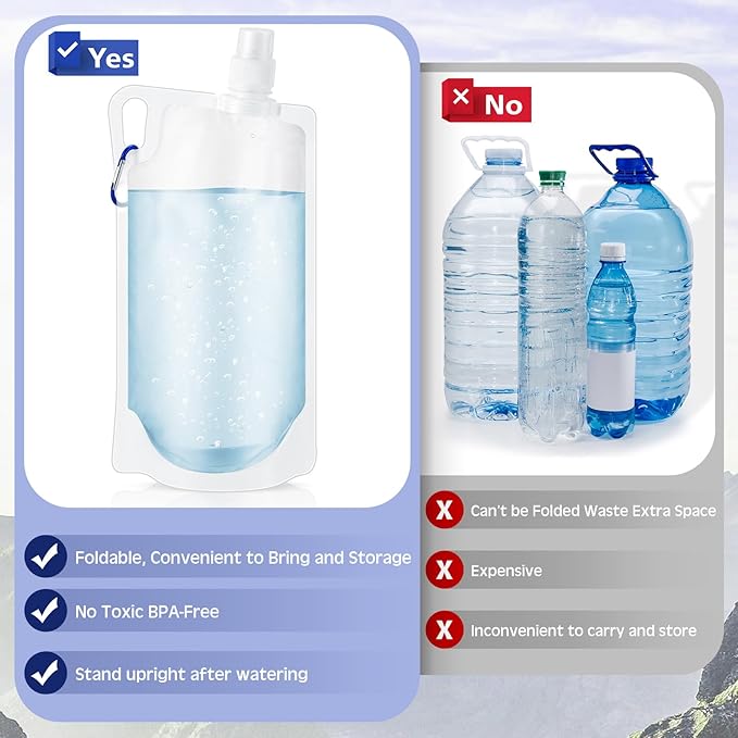 Maxdot 12 Pack 1L Collapsible Travel Water Bottles with Clip 33 oz Clear Foldable Water Pouch Container Bag for Hiking Backpacking Camping Travel Emergency
