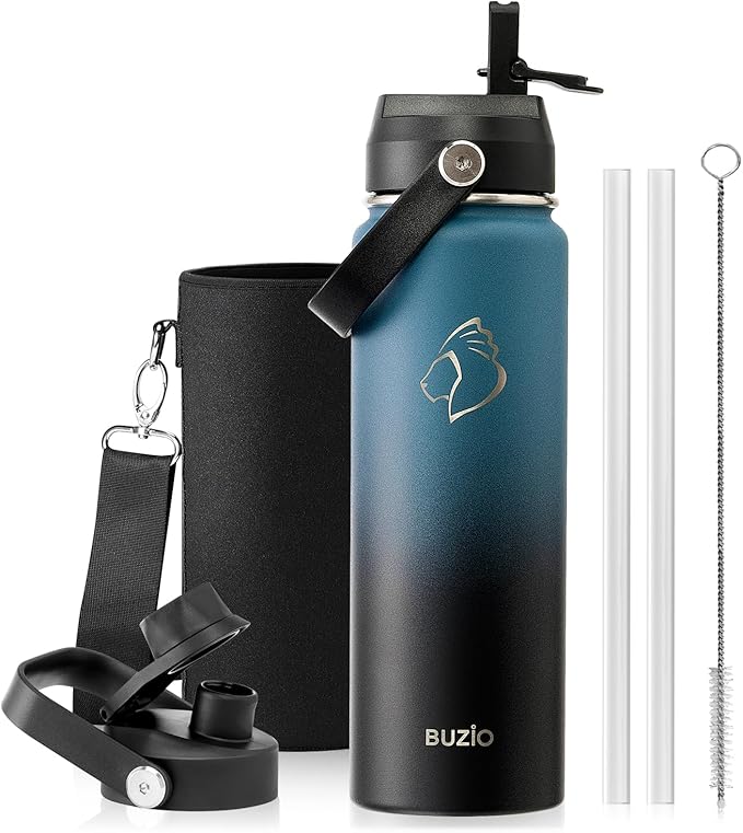 BUZIO Insulated Water Bottle with Straw Lid and Flex Cap, 24 oz Modern Double Vacuum Stainless Steel Water Flask, Cold for 48 Hrs Hot for 24 Hrs Simple Thermo Canteen Mug, Indigo Black