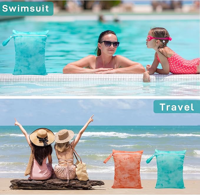 Wet Dry Bag Waterproof Reusable Wet Bag for Swimsuit, Travel, Beach, Pool, Bathing Suit, Diapers, Dirty Yoga Gym Clothes Daycare Organizer One Zippered Pocket(orange blue)