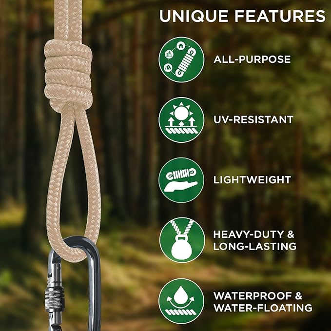 TECEUM Rope – 90 Feet x 1/4 Inch (7mm) – Beige – Strong All-Purpose Utility Rope – Camping, Crafting, Flag Pole, Indoor & Outdoor – Polypropylene Nylon Poly Lightweight Diamond Braided Cord