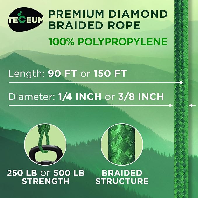 TECEUM Rope – 90 Feet x 1/4 Inch (7mm) – Green – Strong All-Purpose Utility Rope – Camping, Crafting, Flag Pole, Indoor & Outdoor – Polypropylene Nylon Poly Lightweight Diamond Braided Cord