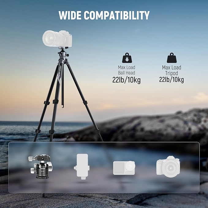 NEEWER LITETRIP LT07 61" Aluminum Travel Tripod for Camera w Pan Tilt Low Profile Ball Head, Arca QR Plate Compatible with PD Tripod Plate, Dual Center Axis, Phone Holder, Max Load 22lb