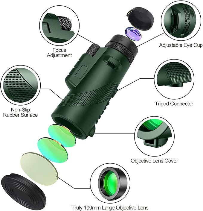 Monocular-Telescope 80x100 High Powered Monoculars High Definition for Adults with Smartphone Adapter for Bird Watching, Hunting Wildlife Bird Watching Travel Camping Hiking (Green)