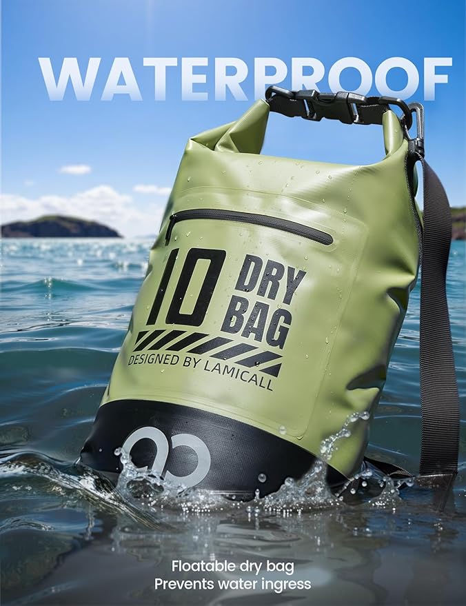 Lamicall Waterproof Dry Bag with Phone Pouch, Floating Roll Top Backpack, 20L, Green