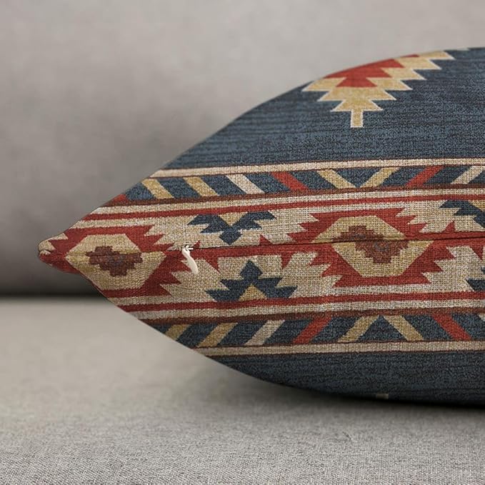 TKS MITLAN Southwest Diamond Blue Red Pillow Covers 18 x 18 Inch Indian Style on Blue Background Decorative Throw Pillow Covers Linen Cushion Case for Sofa Couch