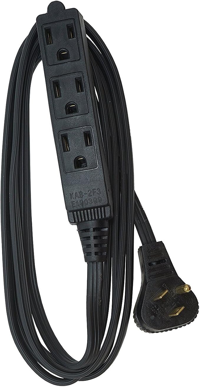 Woods 2243 16/3 Flat Indoor Extension Cord, 8-Foot, 3 Grounded Outlets, Right Angled Plug, Space Saving Design, UL Listed, Black