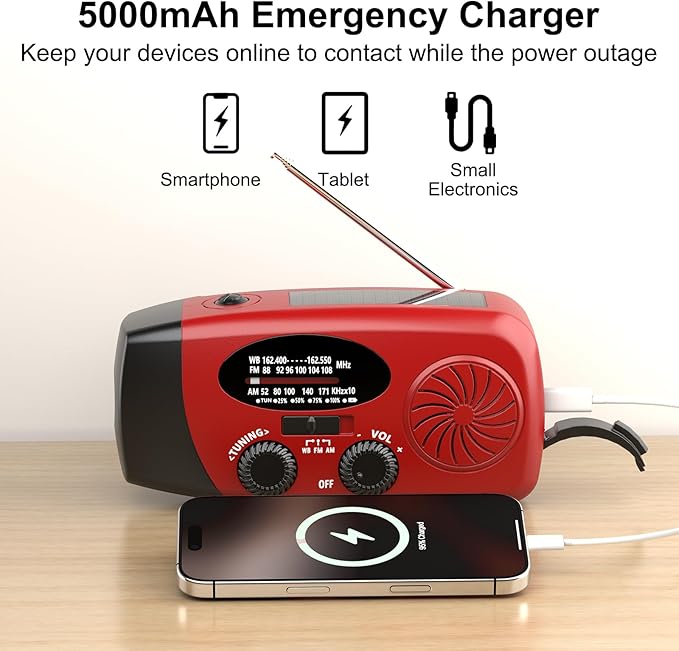 18500mWh Weather Emergency Radio, Portable Solar AM/FM/NOAA Hand Crank Radio, Cell Phone Charger with SOS, 1W LED Flashlight, Headphone Jack, Power for Emergency Preparedness (5000mAh Red)