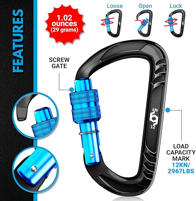 Rhino Produxs 12kN (2697 lbs) Heavy Duty Carabiner Clips, for Securing Pets, Outdoor, Camping, Hiking, Hammock, Dog Leash Harness, Keychains